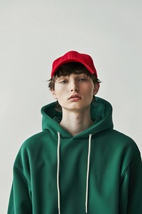 Young man wears blank green hoodie and red cap mockup photography portrait sweatshirt.
