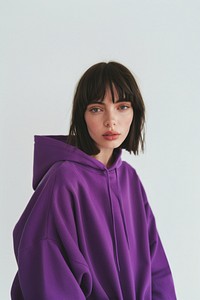Young woman wears blank purple hoodie mockup photography portrait fashion.