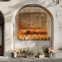 Minimal flower shop window mockup architecture blossom arched.