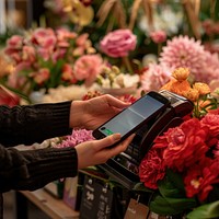 Super closeup customer hand using phone flower electronics computer.