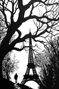 Eiffel tower silhouette architecture building person.