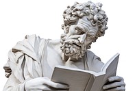Close-up Greek sculpture reading a newspaper publication person statue.