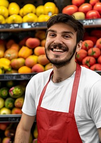 Grocery store staff in red apron