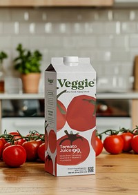Tomato juice carton on wooden kitchen table