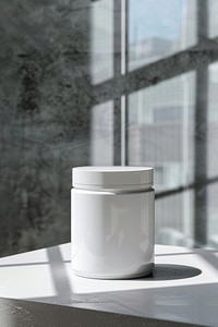 Protein jar mockup windowsill porcelain cookware.