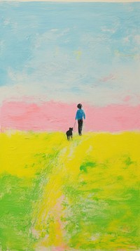Dog walking in meadow painting person animal.