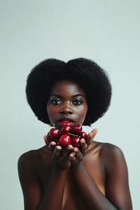 Ripe cherries produce photo woman.