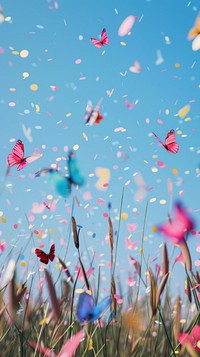 3d illustration of butterflies in meadow confetti celebrating outdoors.