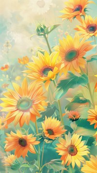 Smiling sunflowers in a field asteraceae painting outdoors.