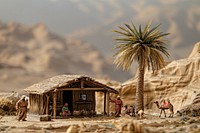 Nativity scene set in a rugged desert landscape shelter architecture countryside.