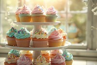 Variety of cupcakes in pastel colors dessert wedding cream.