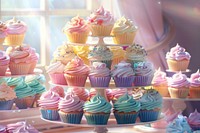 Variety of cupcakes in pastel colors dessert wedding people.