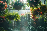 Greenhouse with hanging baskets overflowing with ferns and orchids rain rainforest vegetation.