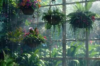 Greenhouse with hanging baskets overflowing with ferns and orchids vegetation rainforest gardening.