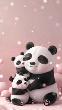 A family of pandas cuddling cartoon wildlife outdoors.