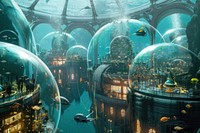Bustling underwater city aquarium outdoors aquatic.