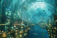 Bustling underwater city architecture waterfront cityscape.