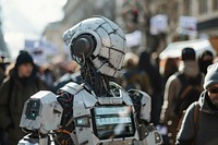 Protest march against the use of sentient AI weapons systems accessories electronics accessory.
