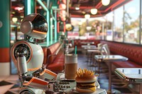 Retro-futuristic robot waiter burger restaurant appliance.