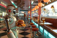 Retro-futuristic robot waiter burger restaurant furniture.