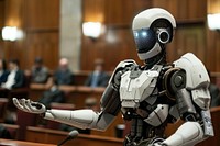 AI defense lawyer human robot microphone.