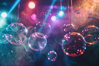 Soap bubbles floating through a smoky nightclub lighting person human.