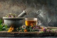 Mortar and pestle grinding up dried herbs herbal mug tea.