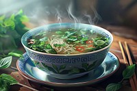 Pho Vietnamese noodle soup with fresh herbs bowl dish food.