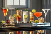 Variety of cocktail glasses furniture beverage tabletop.
