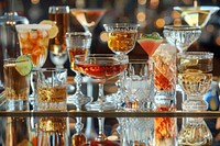 Variety of cocktail glasses beverage alcohol brunch.