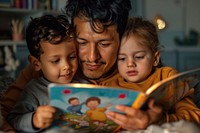 Hispanic father with bright eyes reading child person.