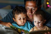 Hispanic father with bright eyes reading photography portrait.