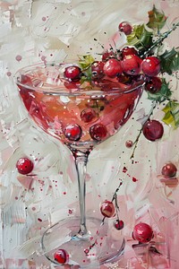 Close up on pale festive cranberry fizz beverage cocktail alcohol.