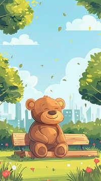 Laughing teddy bear sitting in park furniture outdoors cartoon.