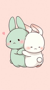 2 bunny hugging together art illustrated outdoors.