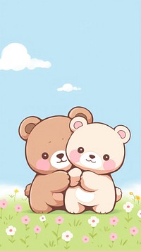 Teddy bear hugging together in meadow wildlife cartoon animal.
