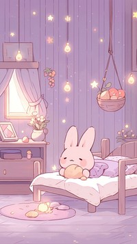 Kawaii style of bunny in bedroom at night furniture cartoon home decor.