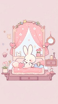 Kawaii style of bunny in bedroom at night furniture cartoon person.