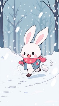 Kawaii style of bunny running in winter forest outdoors cartoon nature.
