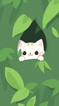 Cute kitten peeking out from behind trees vegetation cartoon animal.