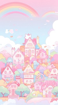 Cute village with rainbow and cloud art illustrated graphics.