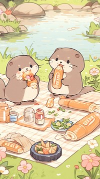 Frog and otter picnic recreation cartoon person.