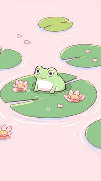 Frog in lotus flower pool amphibian wildlife cartoon.