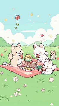 Kitten and puppy picnic wildlife beverage cartoon.
