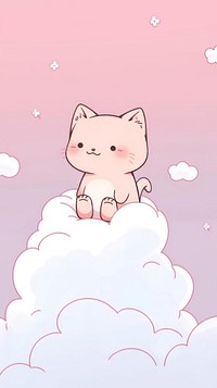 Kawaii style of kitten sitting on cloud with sky astronomy outdoors cartoon.