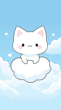 Kawaii style of kitten sitting on cloud with sky outdoors cartoon snowman.