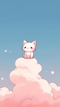 Kawaii style of kitten sitting on cloud with sky cartoon.
