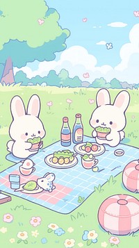 Rabbit and teddy bear picnic recreation cartoon people.