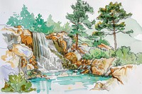 Natural waterfall sketch art illustrated.