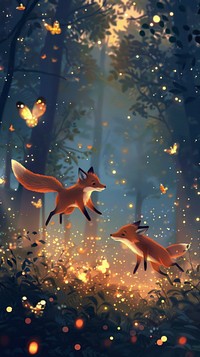 Playful foxes chasing fireflies invertebrate lighting outdoors.